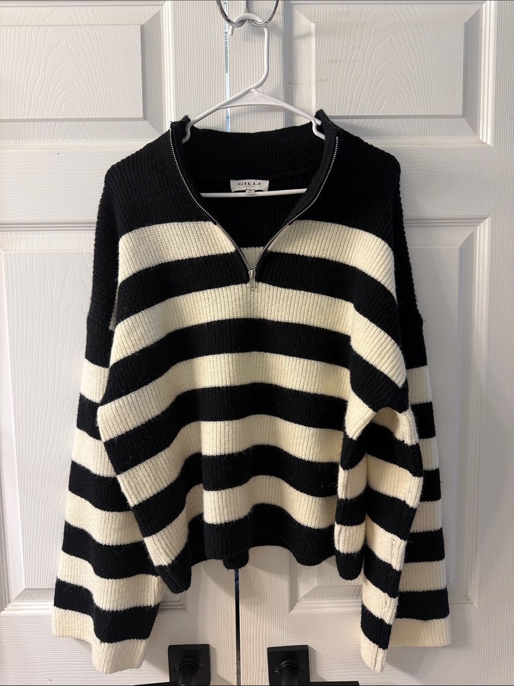 Gilli Black and Cream Striped Half-Zip Turtleneck Sweater